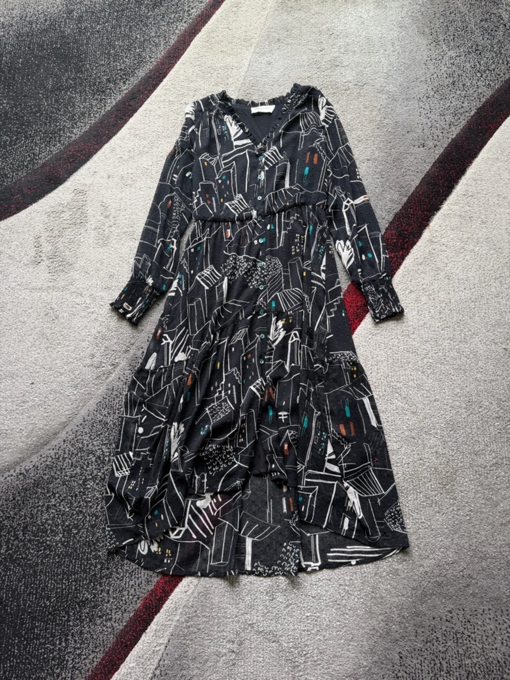 POM Amsterdam Black Artsy Print MIDI Long Sleeve Dress